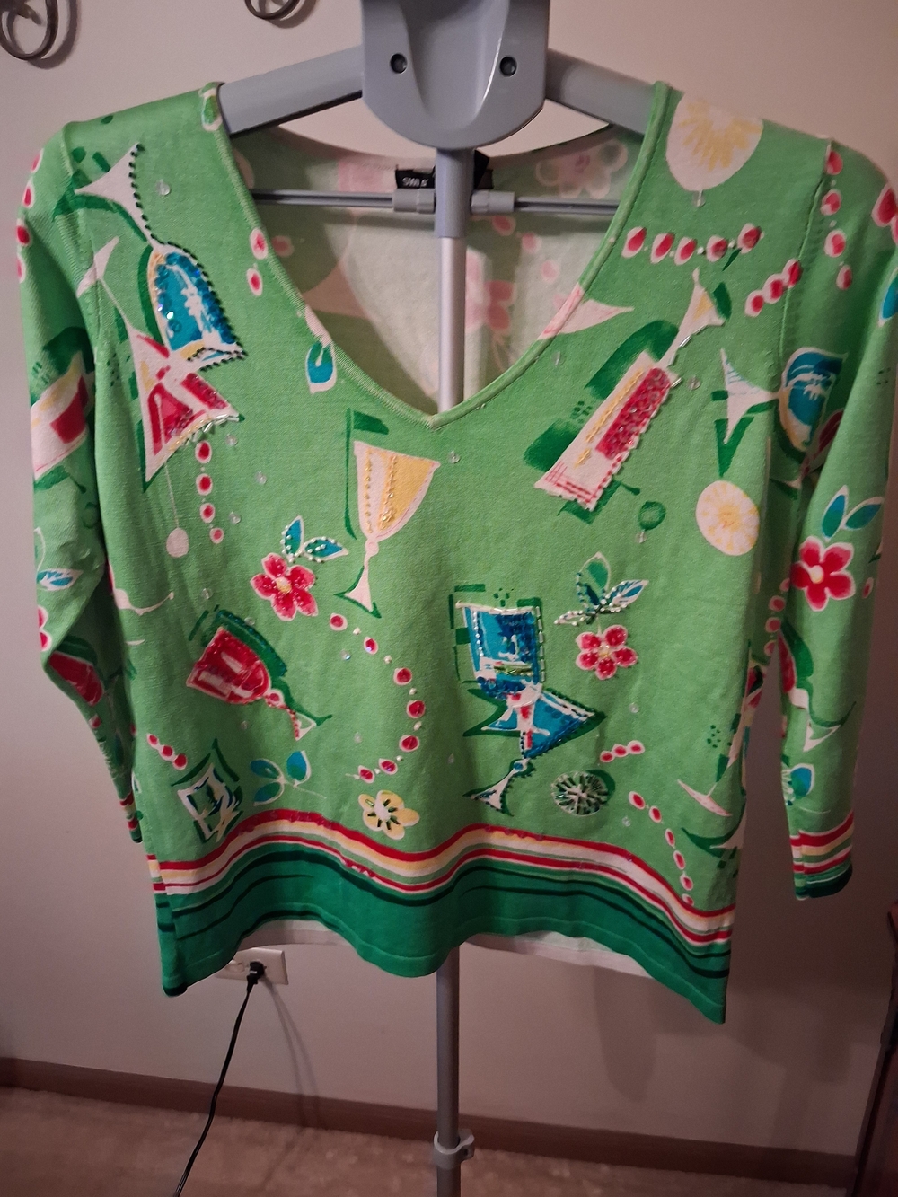 Sweaterworks Green V-Neck Sweater with Cocktail Print